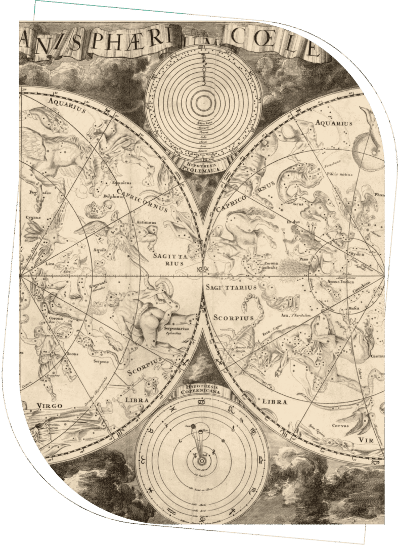 Antique celestial map depicting constellations and planetary orbits.